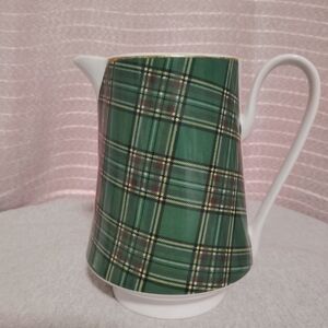 Pacific Rim Porcelain Vtg Green Tartan Plaid Milk Water Pitcher White Gold Trim